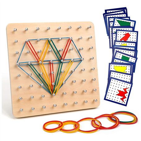 Homealexa Jouet Montessori Géoboard en Bois avec Cartes de Motifs et Rubber Band - 8x8 Épingles Pegboard avec Bande de Caoutchou