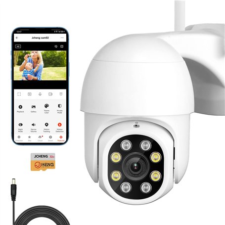 JCHENG Caméra de sécurité extérieure 4 MP avec Suivi de Mouvement et détection vocale | Surveillance à Distance | Carte SD Inclu