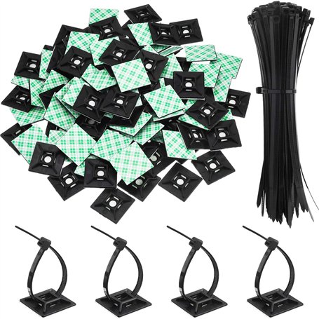 Kit de 200 supports adhésifs noirs pour attaches de fermeture éclair