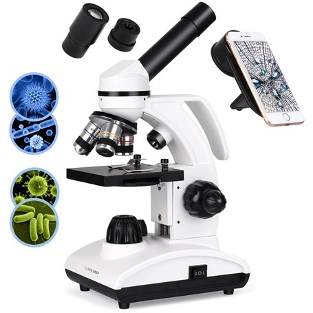 Tuword Microscope(40-1000X) Optique Microscopes Biologique Monoculaire avec Source De Lumière LED Et Support De Téléphone Portab