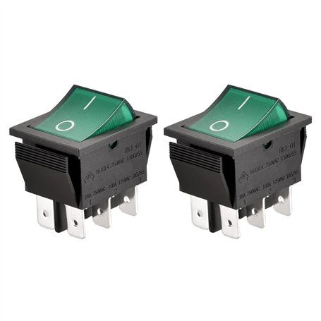 Lot de 2 interrupteurs à bascule Heschen DPDT - 6 connecteurs - Voyant vert lumineux - 16 A 250 VAC