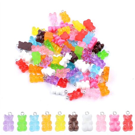 100 Pièces Pendentifs Ours en Résine Coloré Ours Bonbons Charmes Dessin Animé Ours Porte-clés Collier Charme Mignon Bracelet Acc