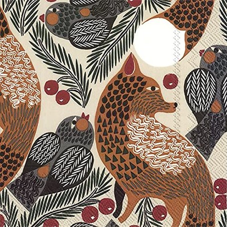 Marimekko Ketunmarja Lot de 20 Serviettes de Table en Papier 3 plis Motif renards et oiseaux 33 cm