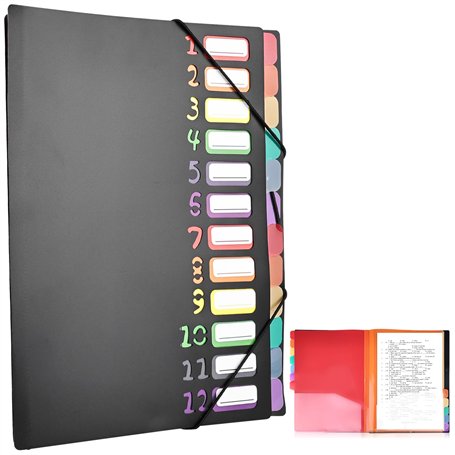 Delamiya Classeur à compartiments A4 portable A4 avec 12 compartiments en plastique PP avec élastique étanche pour école