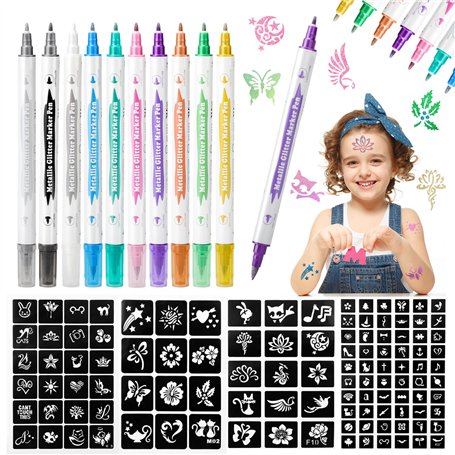 Kit Stylo Tatouage Temporaire Enfant - 10 Stylos Tatouage Temporaire et 111 Pochoirs Tatouage Temporaire pour Cadeau DIY