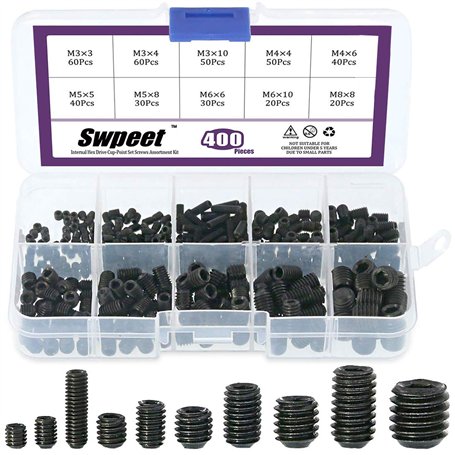 Swpeet 400 pcs Allen Tête Douille hexagonale Vis sans tête Assortiment kit