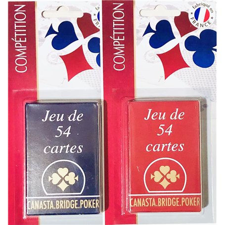 Lot de 2 Jeux de 54 cartes - Bleu et Rouge Gauloise - Cartonnées Plastifiées Sous blister - 4 index standards - portraits frança