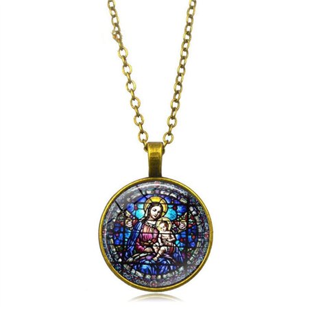 Collier avec pendentif en forme de dôme en verre Vierge Marie et enfant Jésus Christ