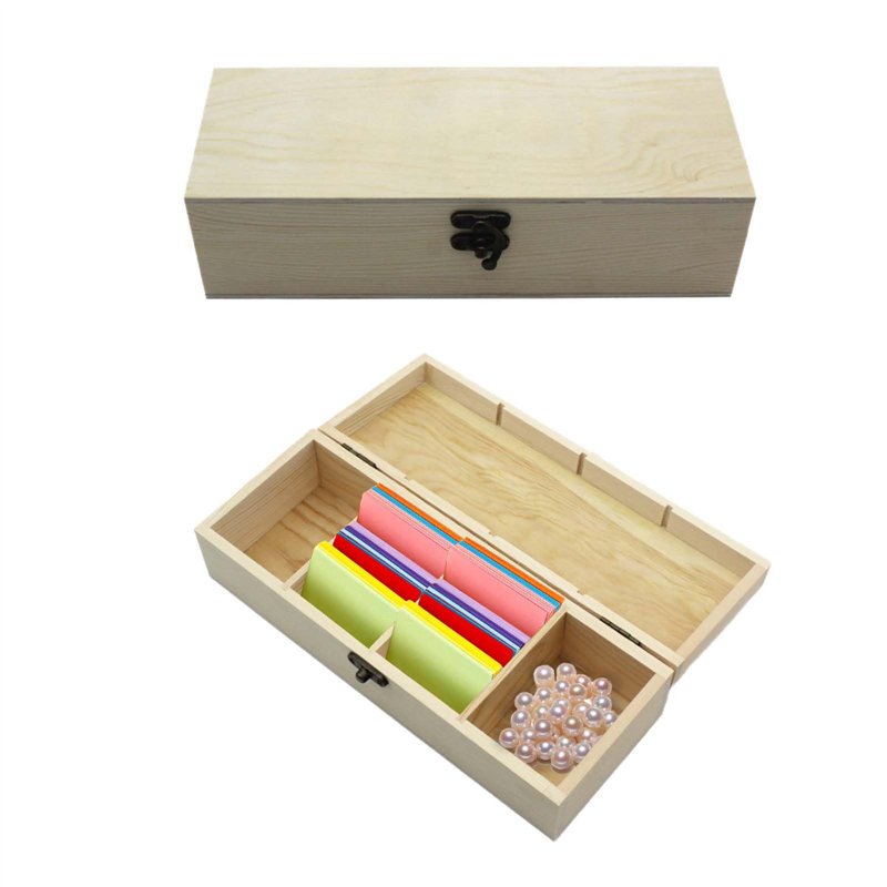 Boîte à Fiches A8 En Bois Naturel - 25x9,5x6,5 Cm - Rangement Cartes 4 Compartiments
