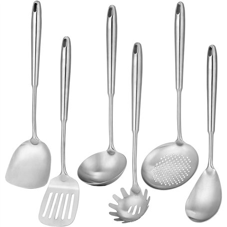 Refein Lot de 6 ustensiles de cuisine professionnels en acier inoxydable - Spatule pour wok - Louche - Écumoire - Spatule fendue