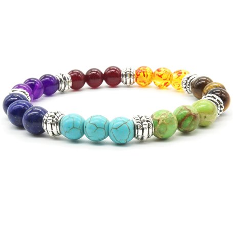 Perles de Pierre Bracelet Turquoise Naturelle 7 Reiki Chakra Élastique Tibétain Perles de Couleur
