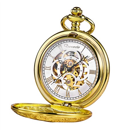 TREEWETO Montre de Poche Or Full Hunter Squelette Cadran mécanique Montre de Poche pour Homme Femme