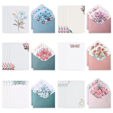 Reforung 24 Feuilles de Papier à Lettres + 12 Enveloppes Motif de Fleurs Papier à Lettres-Stationery Paper Papier de Corresponda