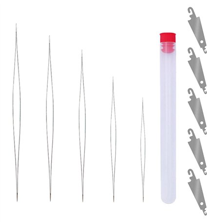 5 aiguilles à perles (avec 1 bouteille transparente) et 5 enfile-crochet en fer