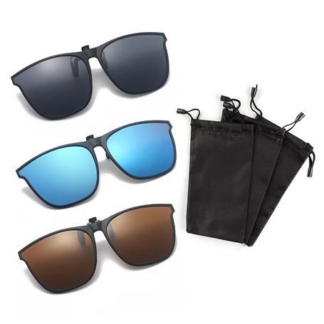 3pcs lunettes de soleil à clipser avec 3pcs sacs de lunettes de soleil noirs