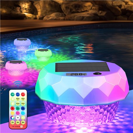 Carastek Lumiere Solaires Piscine avec Thermomètre Lampe Piscine RGB LED Lampe Piscine Solaire avec Télécommande Étanches IP68 L