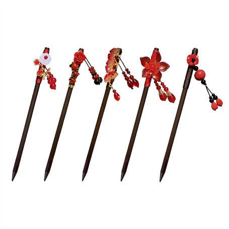 Lot de 5 épingles à cheveux rétro en bois - Épingles à cheveux rétro - Baguettes à cheveux classiques - Pompons de bijoux - Styl