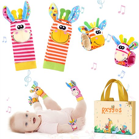 RXYYOS 4Pcs Bébé Poignet et Chaussettes Hochet Jouets Ensemble Poignet de Bell Strap hochets et Chaussettes Pied Finder Animal B