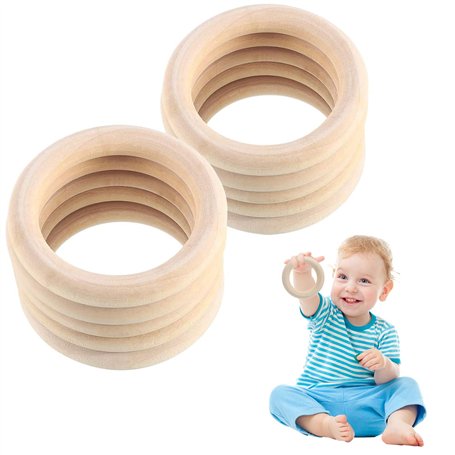 Aililong Lot de 10 anneaux de dentition en bois de 70 mm pour bébé - Couleurs naturelles - Pour enfants