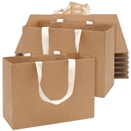 Lot de 8 sacs cadeaux en papier kraft épais marron avec poignées larges - Sacs de courses réutilisables pour fêtes d'anniversair