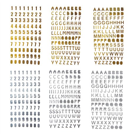 6 Feuilles Autocollants de Nombre de Paillettes Alphabet de Paillettes en Or et Argent Lettres Couleur Auto-Adhésif Estampage à