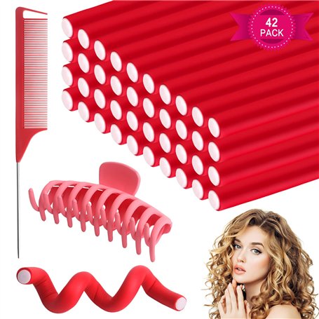 Bigoudis Magiques 40Pcs - Rouleaux Mousse Flexibles pour Cheveux Courts et Longs avec Peigne à Queue et Pince (Rouge)