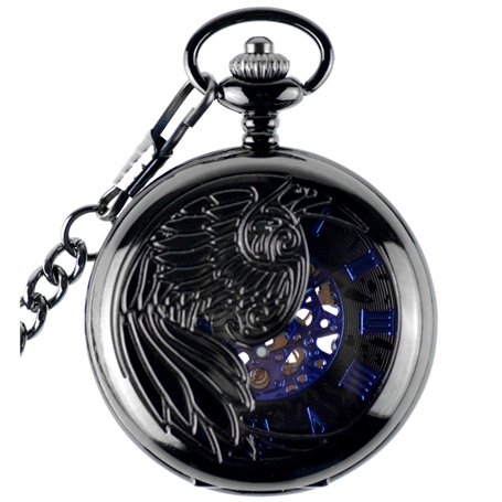 Unendlich U Infinite U Aigle/Ange/Phénix Bleu Chiffre Romains Cadran Mécanique Montre de Poche Squelette en Acier Pendentif Coll