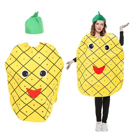 IGEAIIE Costume d'ananas pour adultes - Costume amusant de costumade avec tenue jaune et chapeau de feuille verte - Tissu non ti