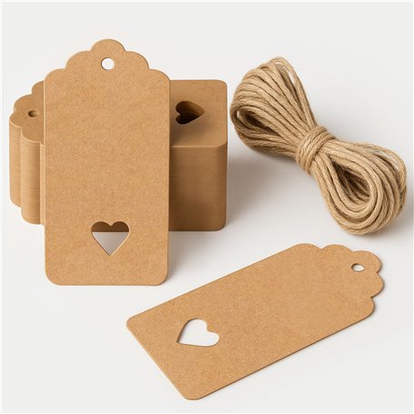 Lot de 50 étiquettes cadeaux vierges en papier marron avec ficelle 6 x 5 cm pour cadeaux de mariage