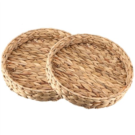 CHEUKYIU Lot de 2 plateaux ronds tressés en jonc de mer en jacinthe d'eau - 32 cm et 28 cm de diamètre - Plateau décoratif rond