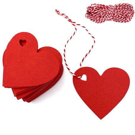 Lot de 100 étiquettes cadeaux en forme de cœur avec cordon de 10 m