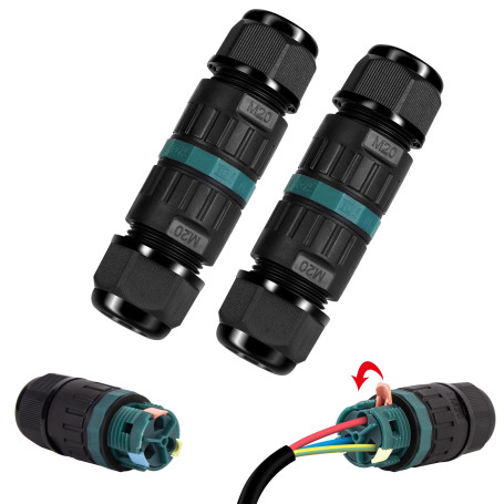 Lot de 2 connecteurs de câble étanches IP68 - Connecteur de câble étanche à 3 broches - Manchon de connexion pour câble de 5 à 1