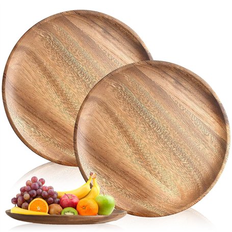 Lot de 2 Assiettes Rondes en Bois d'Acacia de 20 cm - Assiettes de Service Mini - Pour Présentation