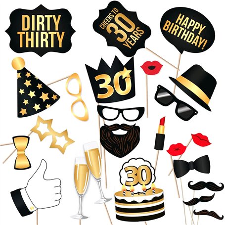 Lot de 24 Accessoires Photo Amusants pour fête de 30 Ans - Accessoires pour Selfie - Accessoires d'anniversaire - Accessoires de