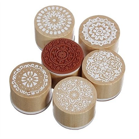 Itian Lot de 6 Rond Tampons en Bois et en Caoutchouc Rétro Motif Timbres