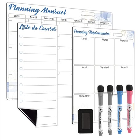 ANLIOTE Calendrier Mensuel et Hebdomadaire Magnétique pour Frigo et Petit Tableau Liste de Courses avec 4 Marqueurs et 1 Effaceu
