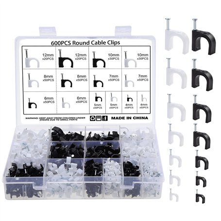 Fippy 600 pièces Clips Câble avec Clou Rond Cavalier Cable Electrique Blanc Noir Attache Cable Clou 4mm 5mm 6mm 7mm 8mm 10mm 12m