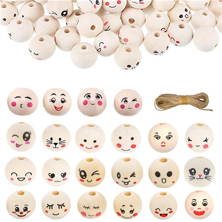 Wenrescry 110pcs Perles en bois avec visage