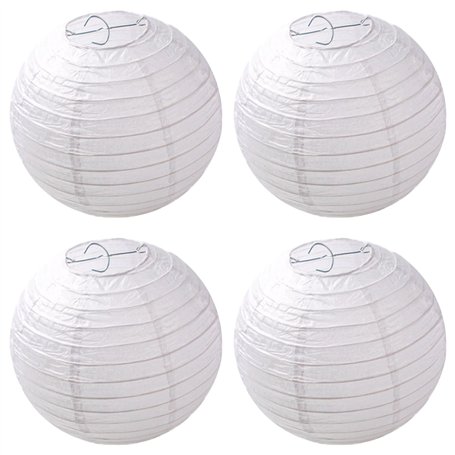 Lot de 4 lampions en papier blanc Ø 20 cm - Rond - En forme de boule - Style bambou - Abat-jour côtelé - Décoration pour fête