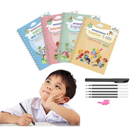 Cahiers d’exercices magiques pour l’écriture et la calligraphie - Réutilisables - 4 livres et stylos