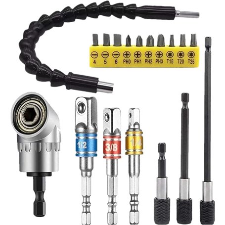 Rallonge de foret flexible pour tige - 1 adaptateur de visseuse d'angle de 105 ° - 3 adaptateurs de douille pour visseuse sans f