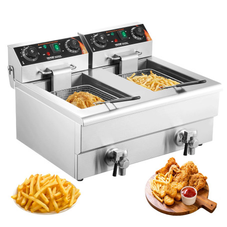 VEVOR Friteuse Électrique Commerciale 2 Cuves de 12 L 6000 W Friteuse à Huile en Inox avec 2 Paniers à Frire Température et Temp