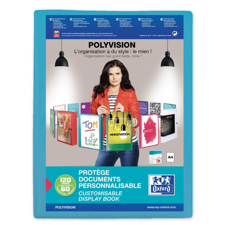 OXFORD Protège-Documents Polyvision A4 120 vues / 60 pochettes Couverture Polypro Bleu