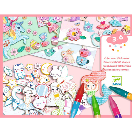 DJECO Kit Créatif Coloriage & Collage 100 Formes - Enfants 3 à 6 Ans - Contient 6 Décors