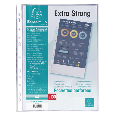 Exacompta - Réf. 59110E - Sachet de 100 pochetttes perforées Premium en Polypropylène grainé Epaisseur 8/100ème - Perforation un