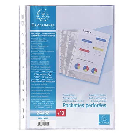 Exacompta - Réf. 5990E - Sachet de 10 pochettes perforées Polypropylène lisse - Epaisseur 9/100ème - Perforation universelle 11