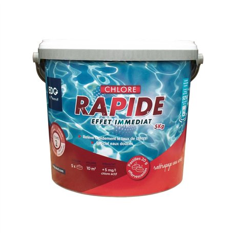 EDG by AQUALUX INTERNATIONAL - Chlore Rapide (Choc) Piscine - Pastilles 20g - Seau 5kg - Effet Immédiat - Spécial Rattrapage Eau