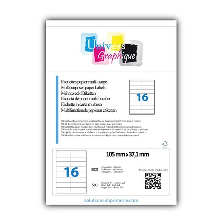 8000 Etiquettes autocollantes 105 x 37 mm 500 Feuilles A4 de 16 étiquettes multi-usage compatible jet d’encre laser et copieur T
