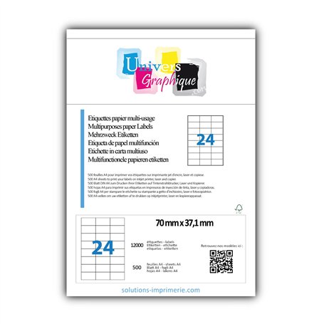 12000 Etiquettes adressage autocollantes 70 x 37 mm - 500 Feuilles A4 de 24 étiquettes multi-usage 70x 37.1 mm compatibles jet d