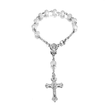 BOBIJOO Jewelry - Mini Chapelet Voiture Camion Bracelet Marie Vierge Croix Pendentif Argent et Blanc